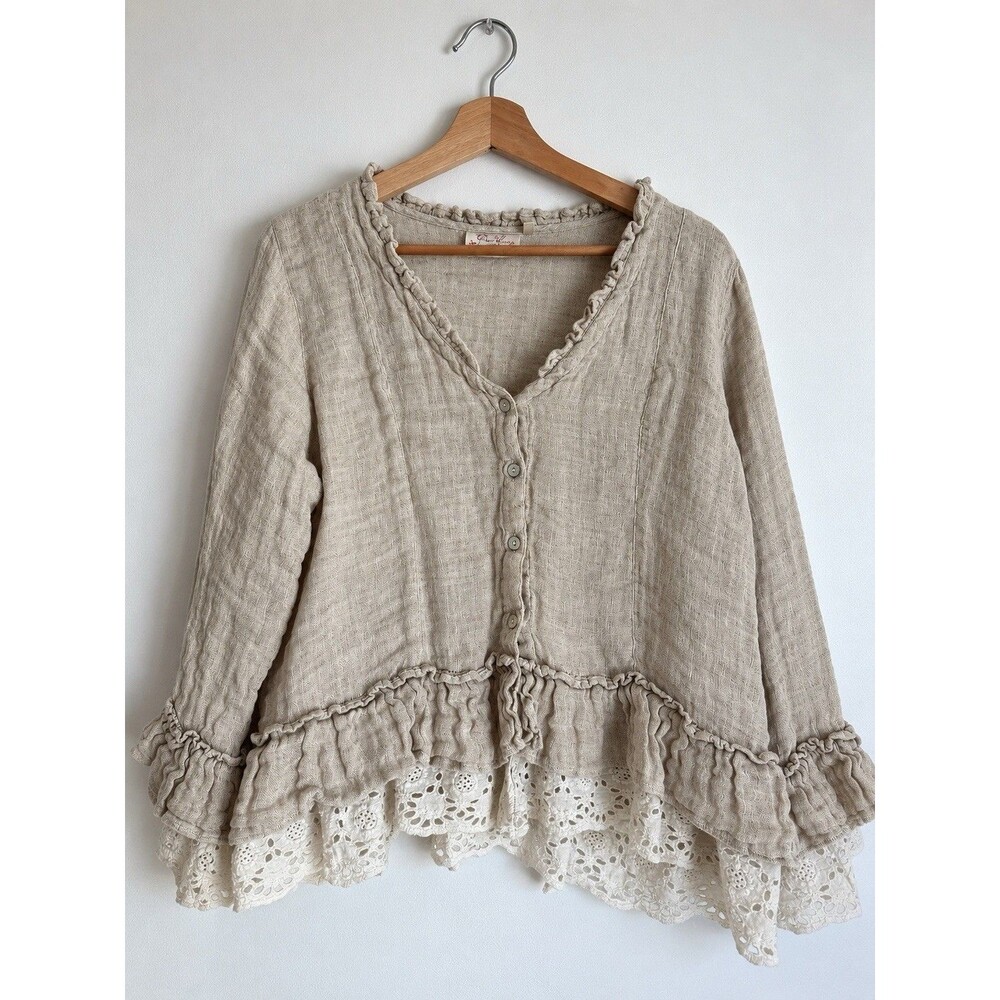 Paper Lace Linen Ruffle Blouse Size L Beige Boho Lace Hem Lagenlook